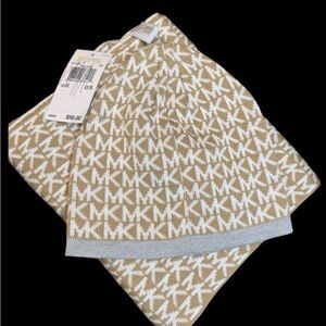 Michael Kors Tan and White Logo Beanie and scarf set new